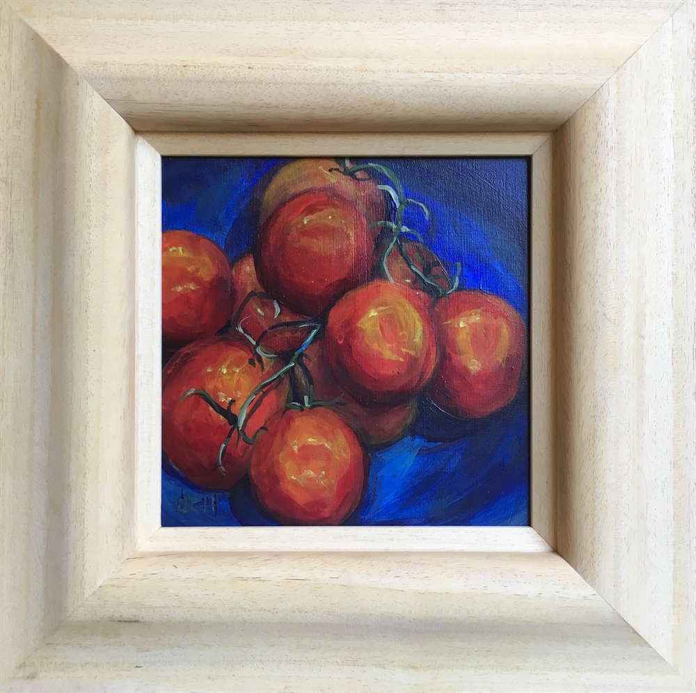 37.  Tomatoes on Blue Pottery by Sarah Heelis (Nesbitt)
