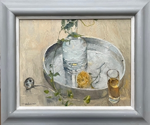 33.   Silver tray and yellow rose
