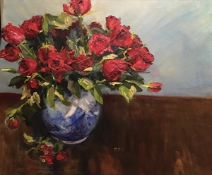 61.  Valentine Roses in blue and white jug