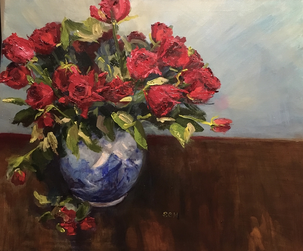 47.  Valentine Roses in blue and white jug by Sarah Heelis (Nesbitt)